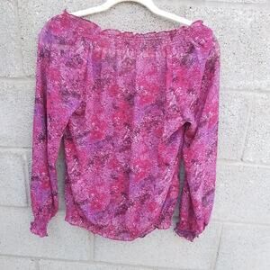 LOFT Blouse‎ Size SP Pink Boho Off the Shoulder Semi Sheer Floral Smocked Hem